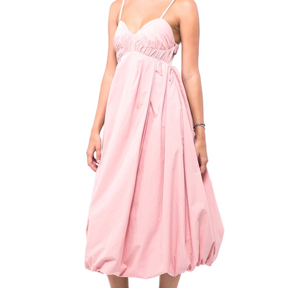 Moon River v-neck dress with open back and bubble hem in pink